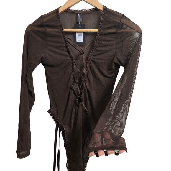 NWT Frederick's of Hollywood Lola Brown Mesh Long-Sleeve Lace-Up Bodysuit Size M - Picture 2 of 12